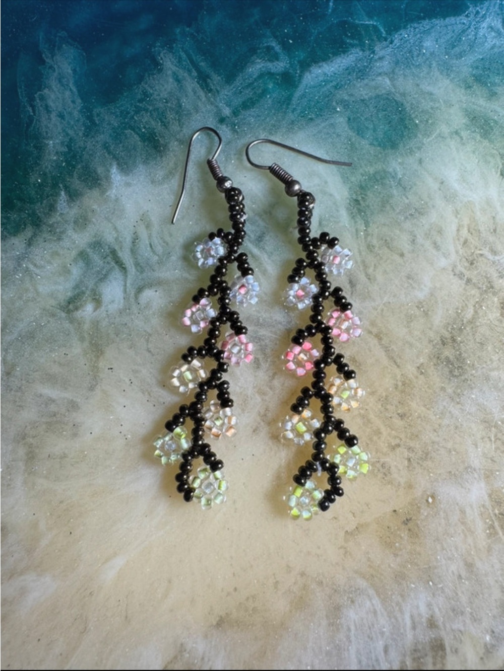 Beaded Black Branch Drop Earrings with Iridescent Pastel Accents